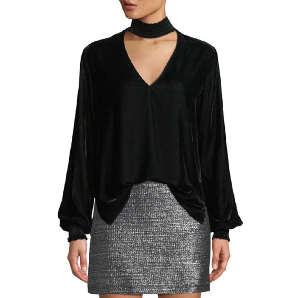 BAILEY 44 Black Velvet Choker V-Neckline Balloon Sleeve Blouse Top Shirt Size S